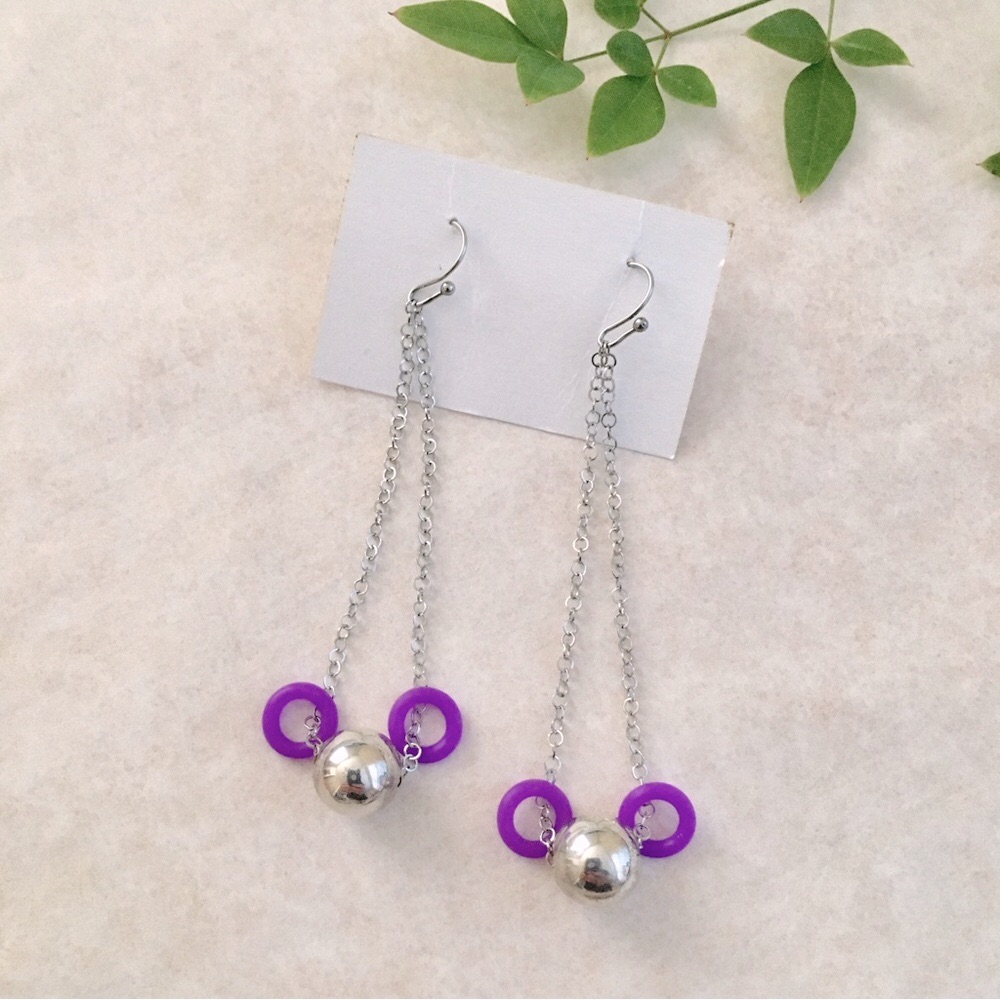 Silver Ball And Purple Rings Swing Dangle Earrings